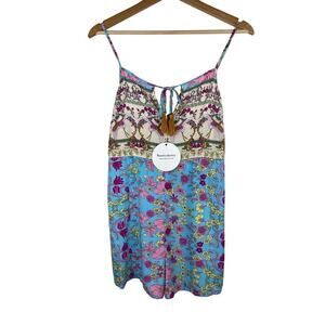 NWT Rustyydustyy Women's M Blue Pink Floral Tassel Tie Boho Romper